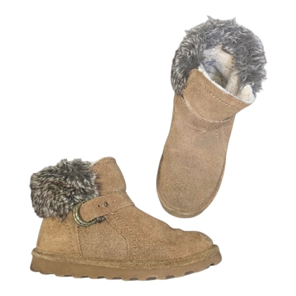 Bearpaw Hickory Brown Suede Ankle Boots with Faux Fur Trim – Size 7